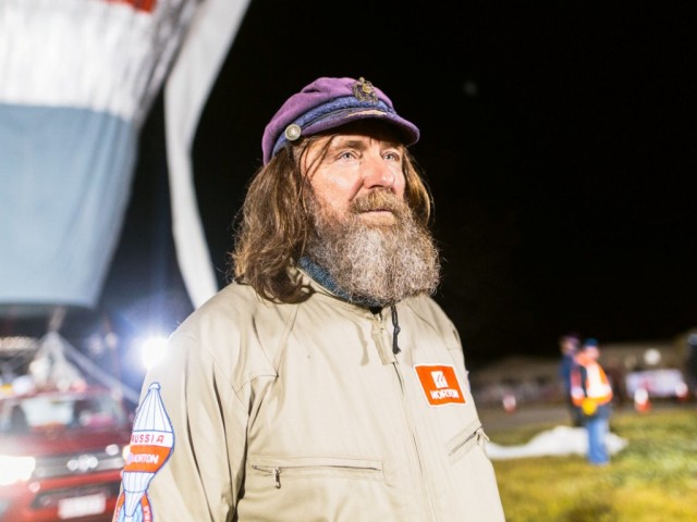 Russian adventurer Fedor Konyukhov is seen in front of his balloon as it is inflated before the start of his attempt to break the world record for a solo hot-air balloon flight around the globe near Perth, Australia