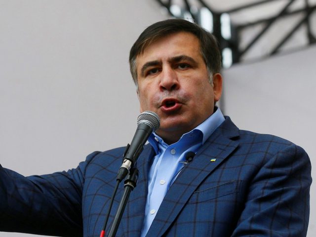 Former Georgian President Mikheil Saakashvili delivers a speech during a rally demanding an electoral reform, in front of the Ukrainian parliament in Kiev